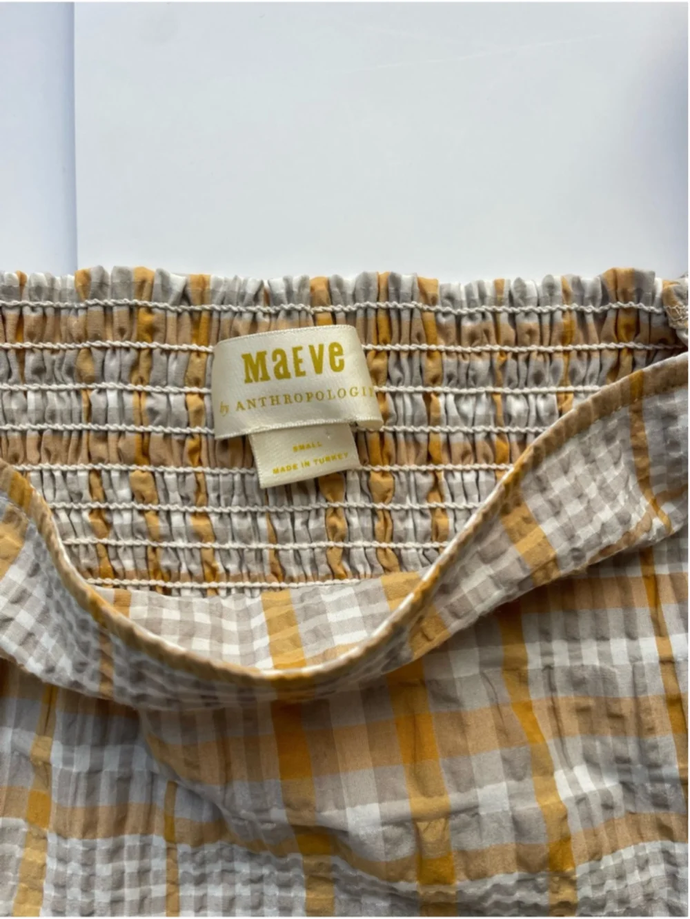 Anthropologie Maeve Seersucker Puff Sleeve Top Small Yellow Plaid Cottagecore